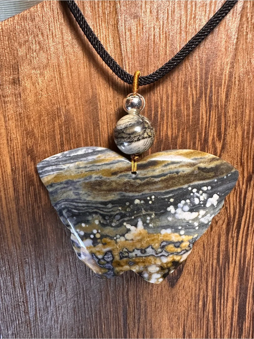 Handcrafted Ocean Jasper Butterfly Pendant Necklace-Green & Gold on Black Rope